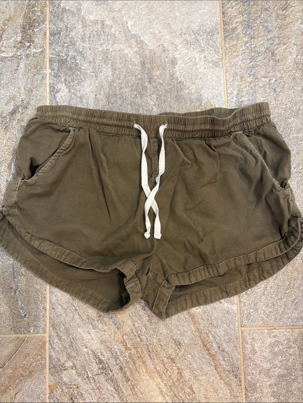 Billabong Olive Green Elastic Waist Athletic Shorts with White Drawstring